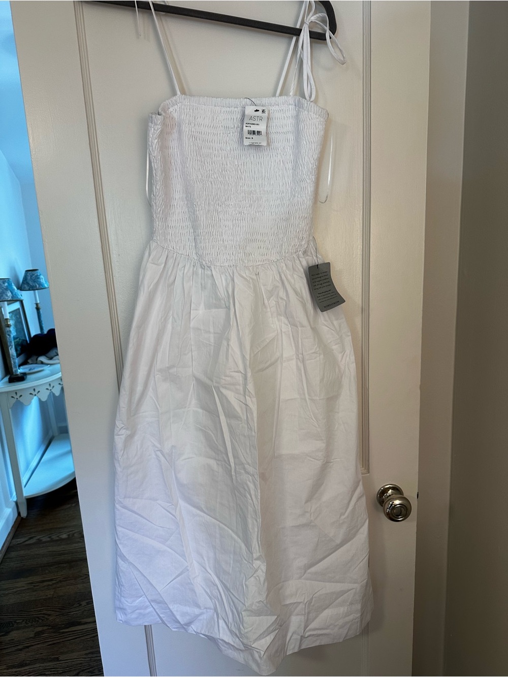Astr White Smocked Midi Dress with Tie Straps